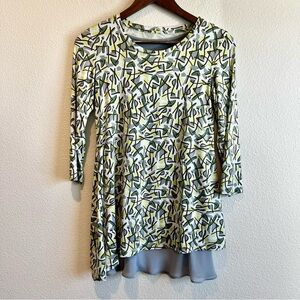 LOGO Lori Goldstein Tunic Top XXS Abstract Print Asym Hem Stretch Boho Artsy